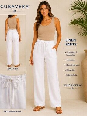 Cubavera Linen Drawstring Chino Pants White Straight Leg Resort Size Medium
